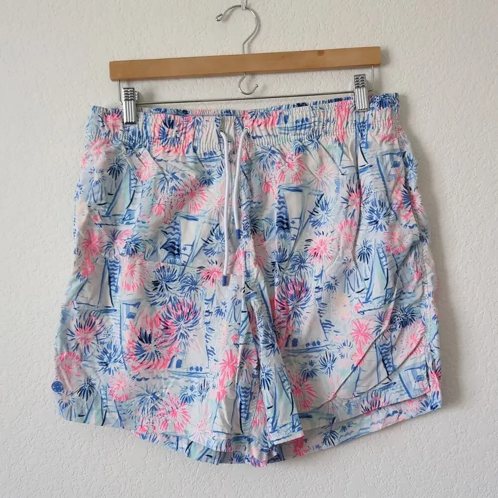Lily Pulitzer Men's Swimsuit Capri Trunks Blue Pink Large Summer Sailing Beach L